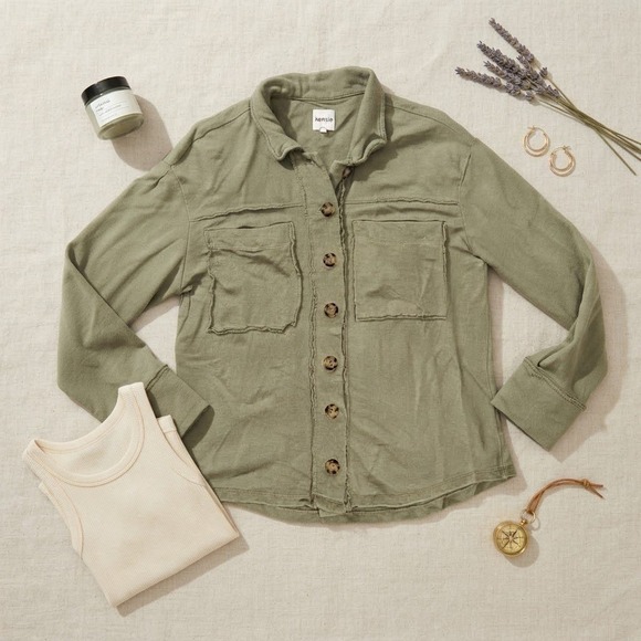 Kensie Tops - Kensie Jeans Womens Olive Green Utility Button Down Shirt Raw Edge Shacket M